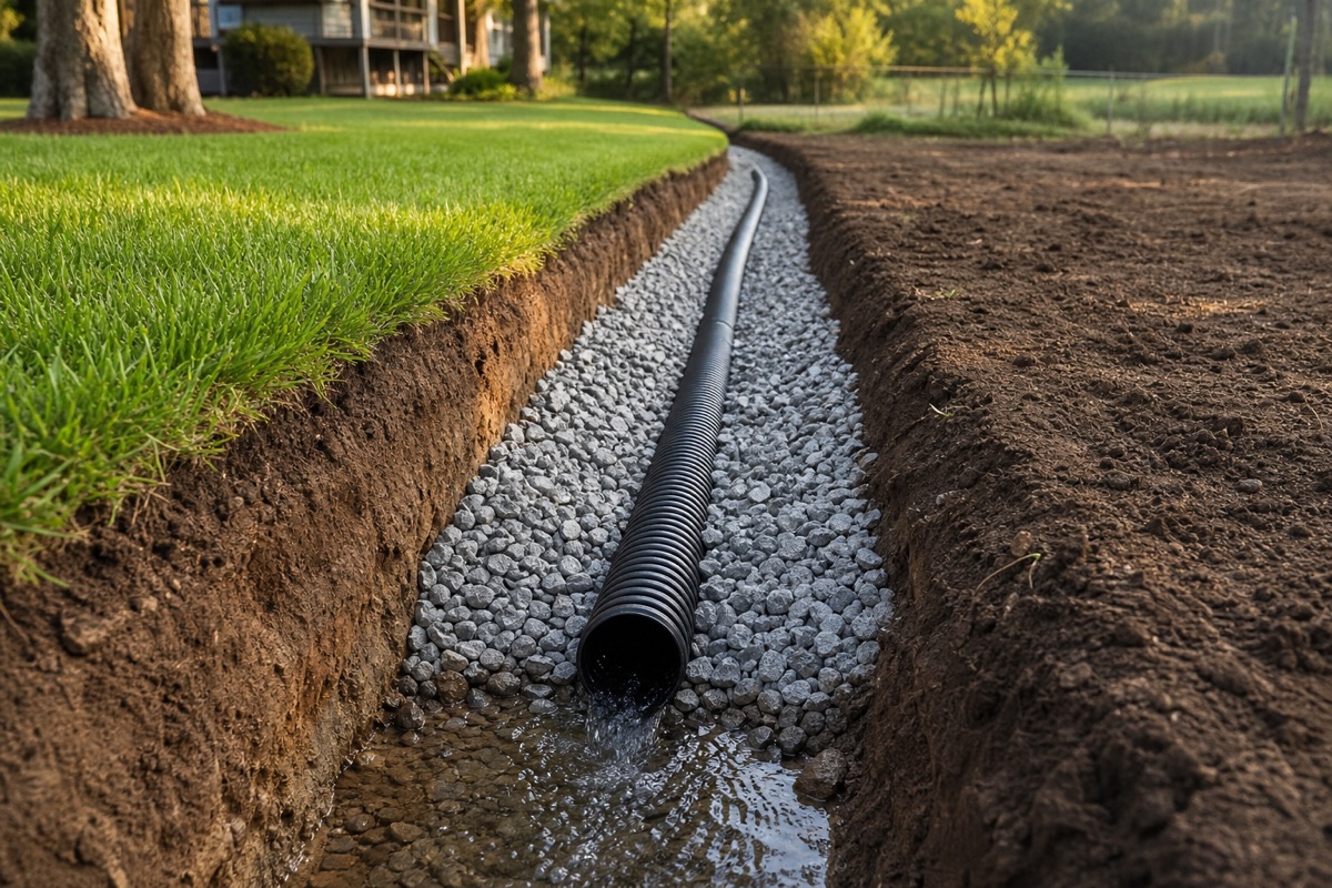 Drainage trench with pipe and gravel installation