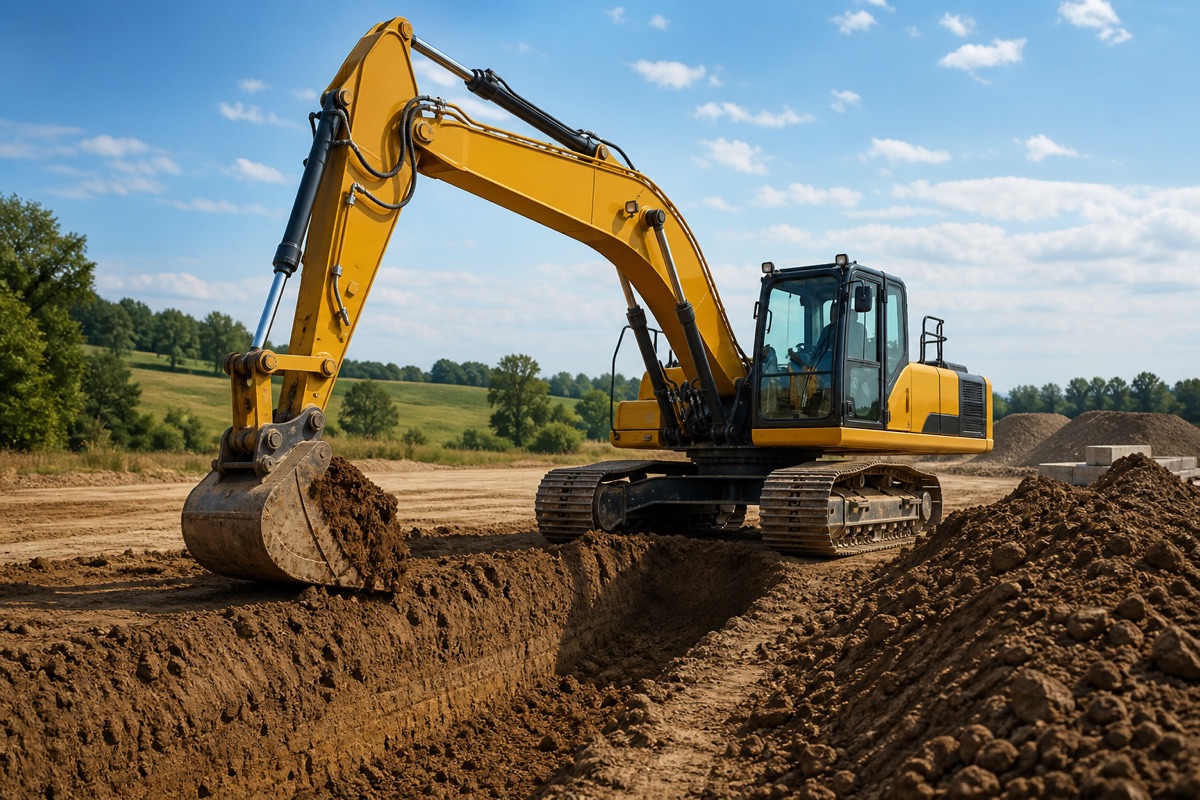 Excavator digging a trench on a rural job site