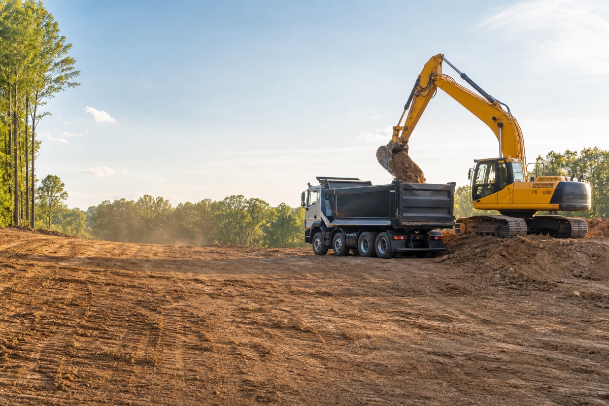 Excavator and hauling equipment working on a clean rural job site