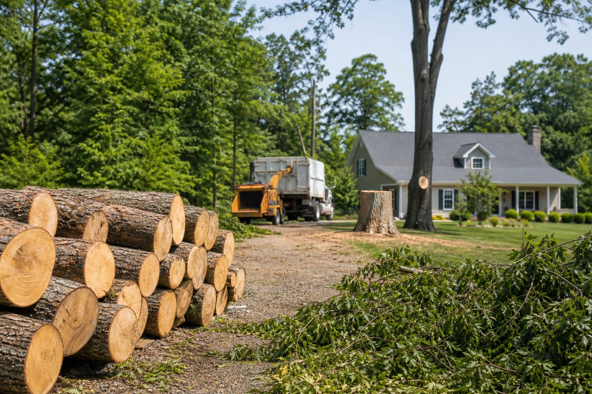 Neatly cleared tree removal job with stacked logs and branches